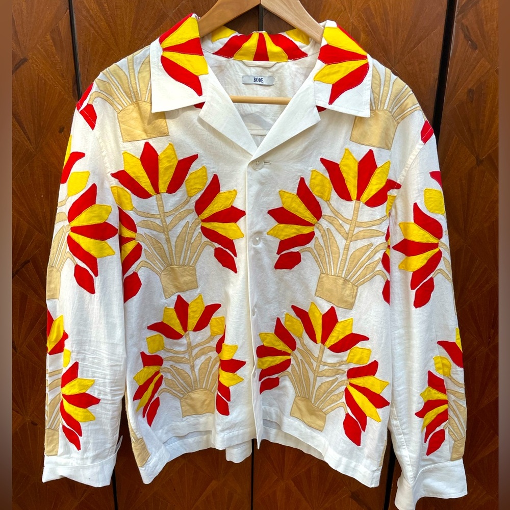 Bode White Foliage Shirt with Multicolor Appliqué M/L